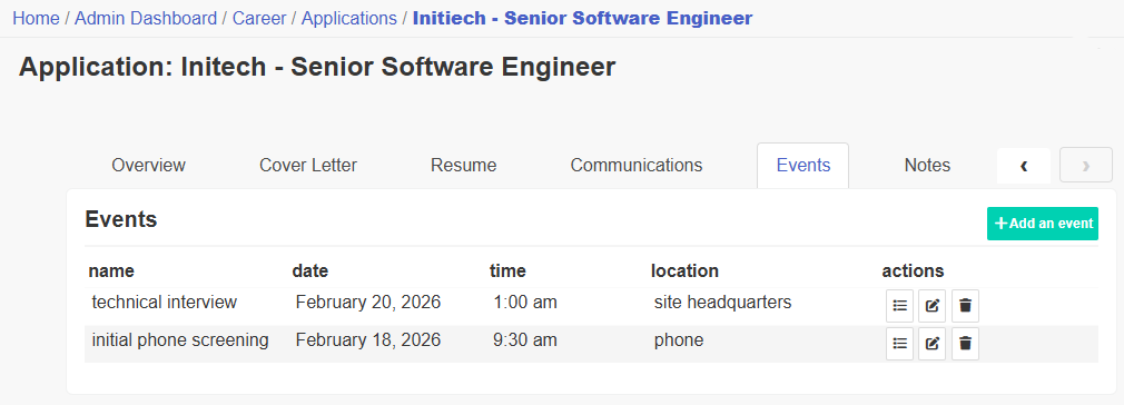application events listing